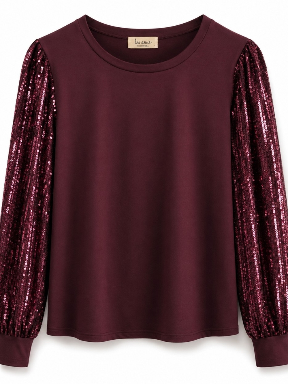 Les Amis Burgundy Sequin Long Sleeve Top Large